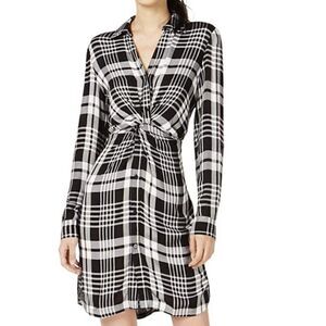 INC International Concepts Plaid Twist-front Button Down Shirt Dress Size Medium